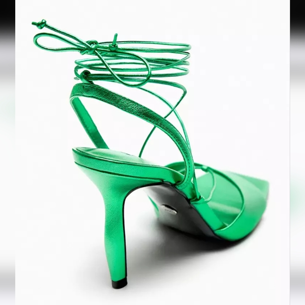 NWOT Zara Metallic Green Lace-up Leather Sandals, Size 7.5 - Picture 4 of 17